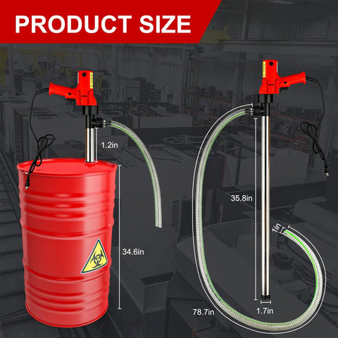 Heavy Duty 2480W Electric Drum Pump Cranks Out Rapid Fluid Moves With 36 Inch Stainless Steel Tube And 7 Foot Reinforced Hose dimensions shown