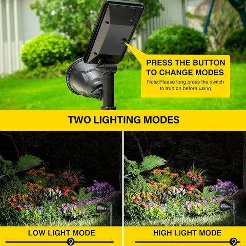 Solar Powered Outdoor Spot Lights 600LM Waterproof Flood Lights showing low and high light modes on garden flowers