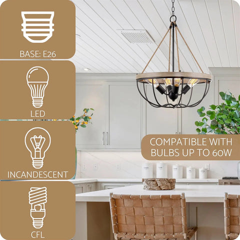 Florence 25 Inch Four Light Modern Farmhouse Hemp Rope Chandelier in Smoked Birch Finish over kitchen island.
