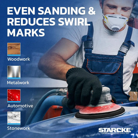 Worker using 6 Inch 40 Grit PSA Sanding Discs 50 Pack No Hole Round Gold Sandpaper on auto body for smooth finish