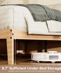 Built Different Twin Xl Wood Bed Frame With Solid Rubberwood Platform Base showing 8.7" under-bed storage and cleaning robot.