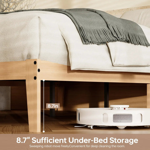 Built Different Twin Xl Wood Bed Frame With Solid Rubberwood Platform Base showing 8.7" under-bed storage and cleaning robot.