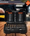 22 Piece Damaged Screw Extractor Set With Magnetic Extension Bit Holder And Socket Adapter For Removing Stripped And Broken Bolts No Nonsense Easy Out Kit In Heavy Duty Case on wooden table, open box with labeled components visible.