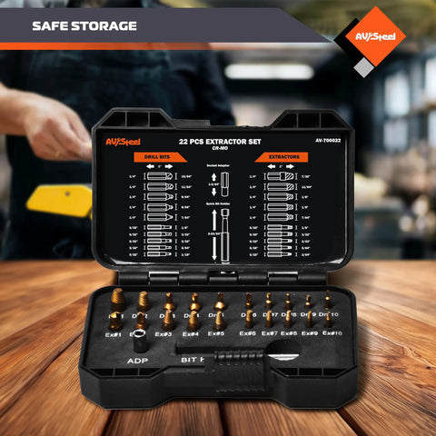 22 Piece Damaged Screw Extractor Set With Magnetic Extension Bit Holder And Socket Adapter For Removing Stripped And Broken Bolts No Nonsense Easy Out Kit In Heavy Duty Case on wooden table, open box with labeled components visible.