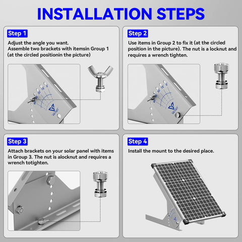 Installation steps for 13.8 Inch Immortal Steel Solar Panel Tilt Mount Stand For 0 To 200W Panels Adjustable 0 To 60 Degree Bracket