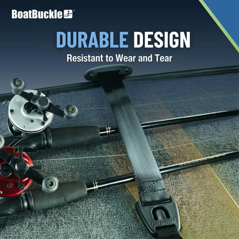 Self Retracting Rod Tie Down Mount For Gunwale Or Deck Two Pack Retractable Rod Tie Downs For Bass Boats And Small Vessels Easy Install And Adjustment Keeps Rods Secure And Organized On The Go. Boat rod tie-down with 24-inch strap mounted on boat deck