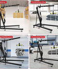 Badass 2 Ton Hydraulic Engine Hoist Folding Cherry Picker Crane with adjustable boom in warehouse, construction site, garage, and processing plant.