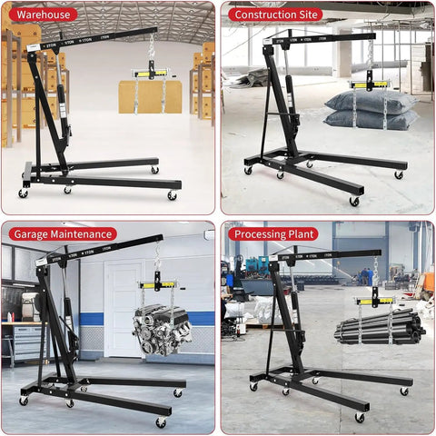 Badass 2 Ton Hydraulic Engine Hoist Folding Cherry Picker Crane with adjustable boom in warehouse, construction site, garage, and processing plant.