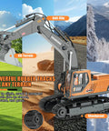 Rugged 3-In-1 RC Excavator Toy For Kids Ages 3-12 shown on diverse terrains with anti-slip, all-terrain, shockproof features.