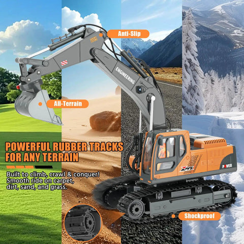 Rugged 3-In-1 RC Excavator Toy For Kids Ages 3-12 shown on diverse terrains with anti-slip, all-terrain, shockproof features.