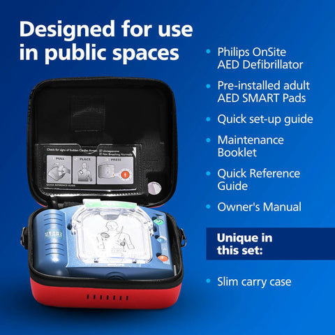 Front view of Philips HeartStart OnSite AED defibrillator in a red slim carry case with blue unit.