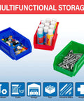 Blue Stackable Plastic Storage Bins 7x4x3 Inch, Space-Saving Organizer shown with paint bottles, toys, and screws, 24-Pack
