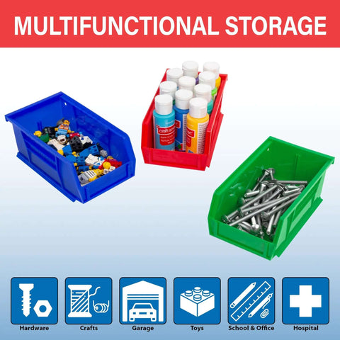 Blue Stackable Plastic Storage Bins 7x4x3 Inch, Space-Saving Organizer shown with paint bottles, toys, and screws, 24-Pack