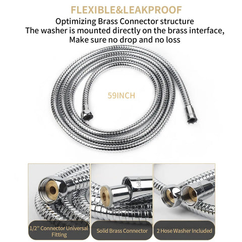 59 Inch Stainless Steel Handheld Shower Hose with Brass Connectors and G1/2 Fittings, Flexible 304 Stainless Steel Replacement Hose
