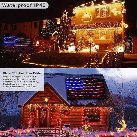 House decorated with Patriotic American Flag LED Net Lights For Outdoor Decor, 420 LED Waterproof String Lights For Yard and Garden