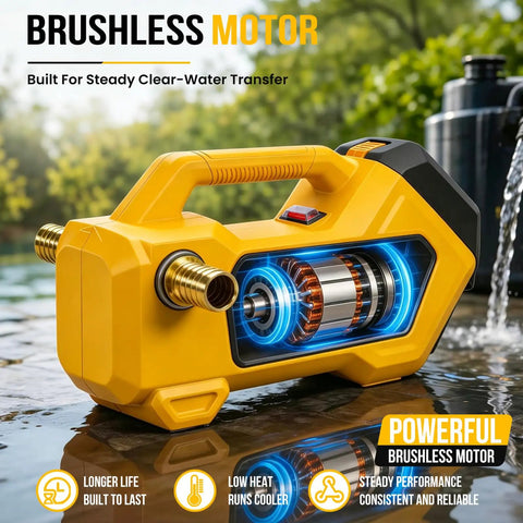 Brushless Cordless Water Transfer Pump For Yard Drainage And Job Site Projects Heavy Duty Utility Machine Built For 20 V Tool Batteries close-up with visible motor.
