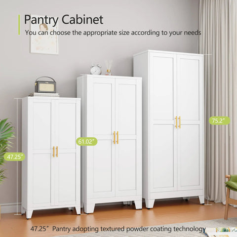 Heavy Duty White Metal Pantry Cabinet With 2 Doors And 3 Adjustable Shelves Freestanding Kitchen Storage Cabinet Durable Steel Construction 150 Lbs Per Shelf Perfect For Dining Room Living Room And Bathroom shown in various heights and sizes