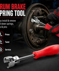 Close-up of a drum brake spring tool being used from the Ratcheting Brake Caliper Piston Compressor And Drum Brake Spring Installer Tool Kit.