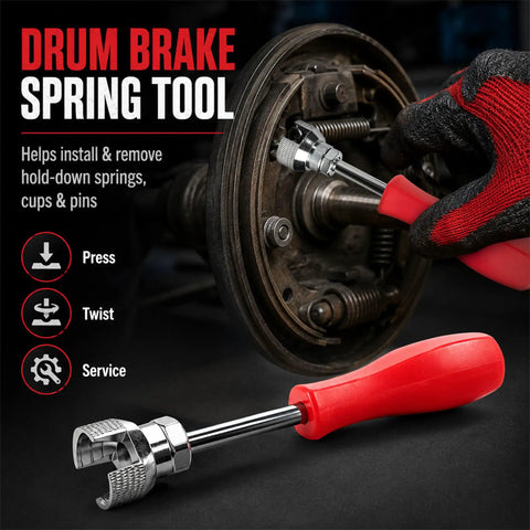 Close-up of a drum brake spring tool being used from the Ratcheting Brake Caliper Piston Compressor And Drum Brake Spring Installer Tool Kit.