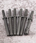 Heavy Duty 7 Piece Pneumatic Air Rivet Hammer Kit With 6 Durable Steel Chisels And Nuts For Smooth Metal Shaping Jobs Perfect For Solid Half Hollow And Hollow Riveting Tasks In Any Workshop Setting, six steel chisels laid flat