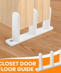 Four Pack White Sliding Closet Door Floor Guides Universal ABS Bottom Hardware For One And Three Eighths Inch Thick Cabinet Doors Track Bracket Replacement Parts With Screws For Easy Installation And Durable Performance, shown in white plastic with wooden floor background.