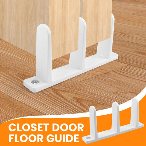 Four Pack White Sliding Closet Door Floor Guides Universal ABS Bottom Hardware For One And Three Eighths Inch Thick Cabinet Doors Track Bracket Replacement Parts With Screws For Easy Installation And Durable Performance, shown in white plastic with wooden floor background.