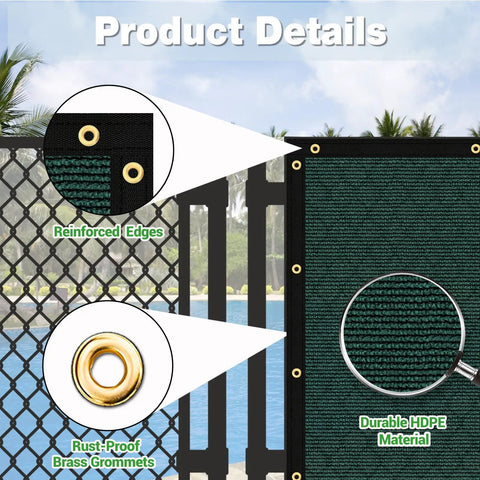Heavy Duty HDPE Privacy Fence Screen With Custom Sizes For Outdoor Shade Coverage On Patios, Gardens, Yards And Balconies In Dark Green Durable Weather Resistant UV Blocking Material showing reinforced edges and brass grommets