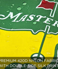 Close-up of 8x6 Inch Double Sided Silk Printed Golf Flag For Putting Green Practice Indoors Or Outdoors Pro Grade Game Ready Durable 420D Nylon Majors 2026 Tradition Design 1 Pack Green