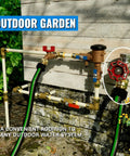 Outdoor setup of frost free sillcock with anti siphon hydrant, 12 inch no lead brass valve, attached garden hoses and fittings.