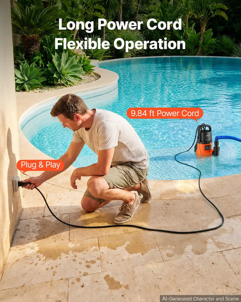Heavy Duty Submersible Water Pump Delivers Knockout 3300GPH Flow With Zero Point Seven HP Motor connected to power outlet for flexible operation.