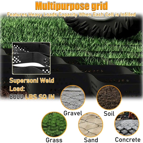 Heavy-Duty Gravel Grid Stabilizer For Driveways And Pathways, Durable Honeycomb Paver System illustration with materials