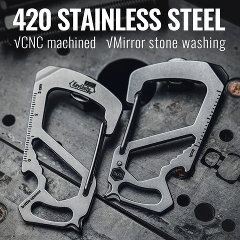 Stainless Steel 7 Tool Carabiner Clip Multitool with Quick Release Clasp displayed on metal surface