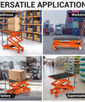 Heavy Duty Double Scissor Hydraulic Lift Table Cart Built Tough For Shop Floors and versatility shown in warehouse, workshop, factory, supermarket.