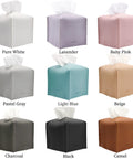 Various colors of Tissue Box Cover Holder With Bottom Velcro Belt, Square PU Leather Decorative Organizer for versatile use.