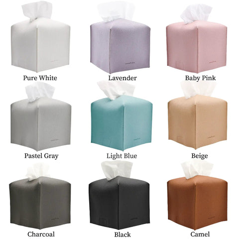 Various colors of Tissue Box Cover Holder With Bottom Velcro Belt, Square PU Leather Decorative Organizer for versatile use.