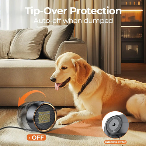 Portable 500W PTC Ceramic Space Heater For Indoor Use with tip-over protection, shown in a cozy living room next to a dog