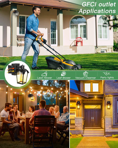 Collage showing Two Pack Porch Lights With GFCI Outlet, in use for lawn mower, outdoor gathering, and illuminating front door.