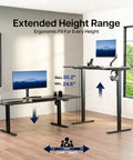 Vivo Black Sit Stand Desk Electric Height Adjustable 63 Inch Wide Ergonomic Workstation showing height range 24.6 to 50.2 inches.