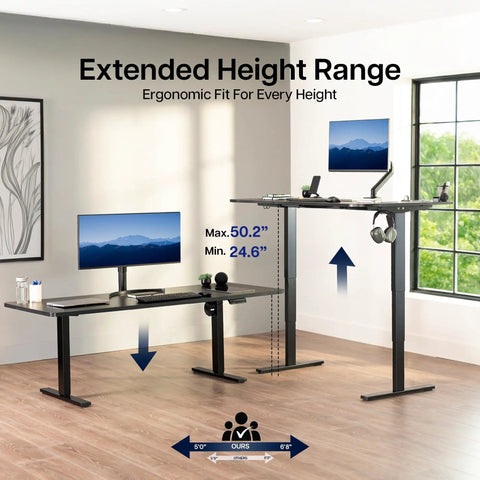 Vivo Black Sit Stand Desk Electric Height Adjustable 63 Inch Wide Ergonomic Workstation showing height range 24.6 to 50.2 inches.