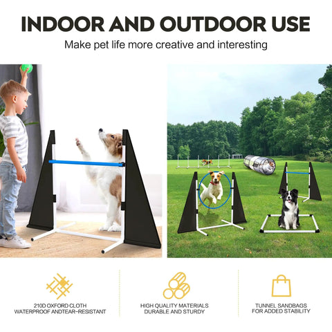 Backyard Dog Agility Training Course Set For Pets, Easy Setup Obstacle Course With Grey And Black Tunnel, Hurdles, Poles, Jump Ring