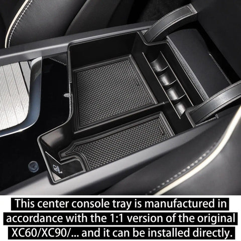 Center Console Organizer Tray For Volvo XC60 XC90 S60 S90 V60 V90 2018-2025 installed in car armrest, black compartments