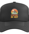 Comin' In Hot Funny Camper Hat For Men And Women With An Adjustable Mesh Back Trucker Cap In Black, perfect for RV trips