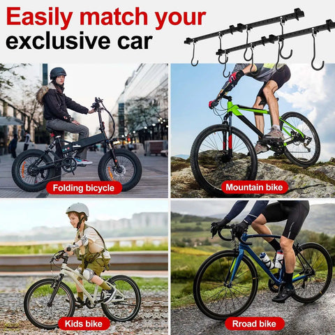 Four bicycles displayed under a ceiling mounted bike rack for garage and basement, featuring heavy duty hangers with rubber pads and adjustable ceiling hooks.