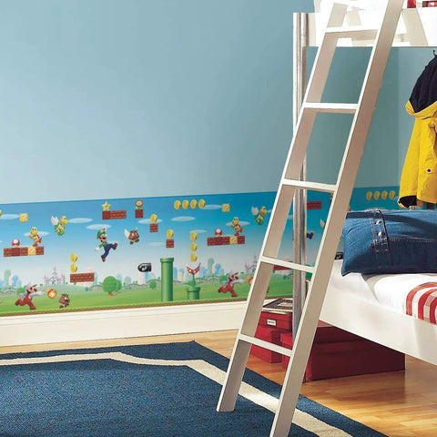 Super Fun New Super Mario Bros Peel And Stick Wallpaper Border For Awesome Kids Bedrooms in a modern room setup with bunk bed