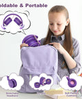 Girl places pink purple On Ear Kids Headphones With Microphone, Wired, 93dB Volume Limited into backpack