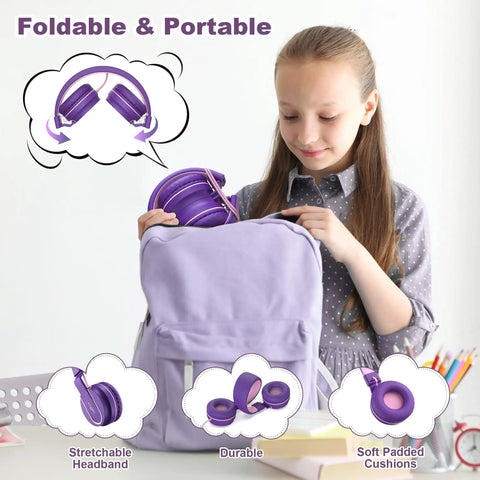 Girl places pink purple On Ear Kids Headphones With Microphone, Wired, 93dB Volume Limited into backpack