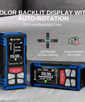 Pro Grade Dual Laser Distance Meter with Backlit LCD showing Auto-Rotation feature, 393 Feet Range, Rechargeable, Multi Unit, Electronic Level.