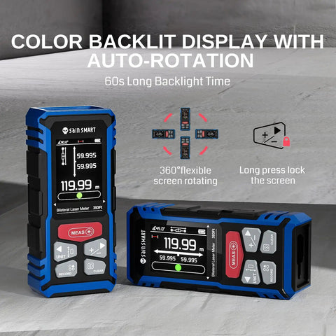 Pro Grade Dual Laser Distance Meter with Backlit LCD showing Auto-Rotation feature, 393 Feet Range, Rechargeable, Multi Unit, Electronic Level.