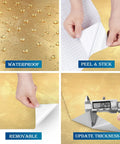 Dope Gold Peel And Stick Wallpaper Thick Metallic Wallcovering showing waterproof, peel and stick features with thickness measurement.
