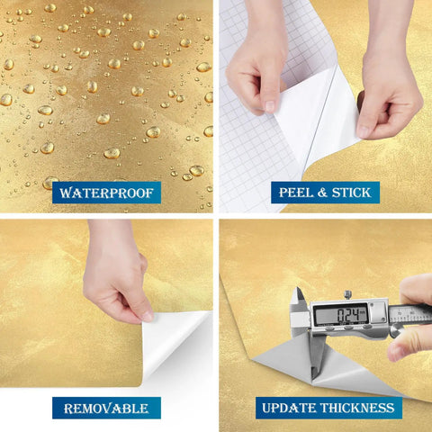 Dope Gold Peel And Stick Wallpaper Thick Metallic Wallcovering showing waterproof, peel and stick features with thickness measurement.